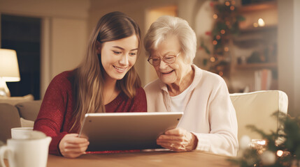 A Grandmother and daughter of nurse sit at sofa in living room are on tablet ,Family time , Elder, Nursing home