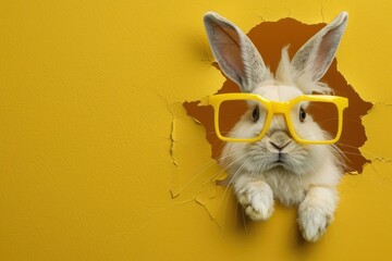 A humorous depiction of a curious rabbit in glasses peeking through a torn yellow paper