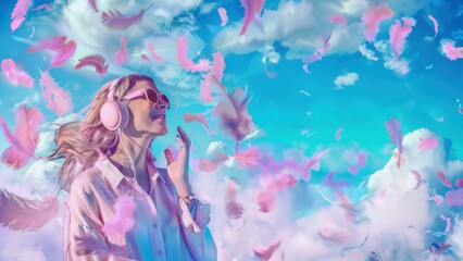 Obraz na płótnie Canvas A whimsical scene with a woman surrounded by pink feathers as she seems to float in the vast blue sky, invoking a dreamy, ethereal atmosphere