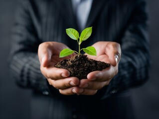 Businessperson holding a small plant symbolizing business growth opportunity and eco-friendly practices