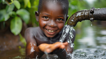African children enjoy clean water and stretches out his hands to tank with fountain of clean water, embracing the gift of life and hope Generative AI - obrazy, fototapety, plakaty
