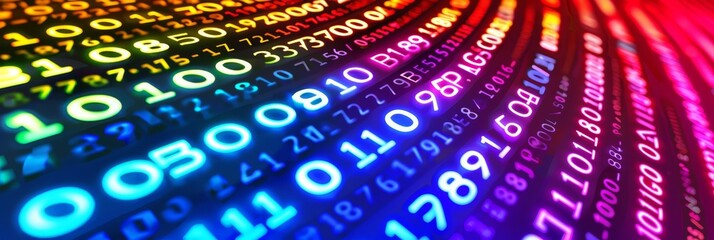 Pixelated data stream on digital interface with binary code, encryption concept, and glowing dots.