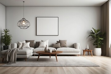 Modern living room interior with white sofa and plants, White Blank frame poster on wall.