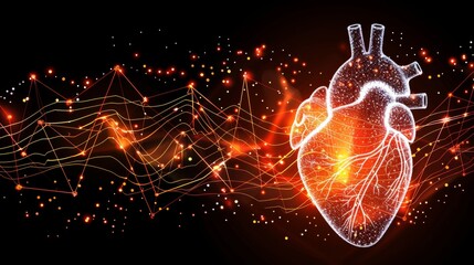 Red digital pulse line in abstract heart shape on black backgroundhealth, cardiology concept design.