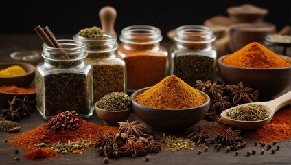 An assortment of vibrant spices and herbs neatly displayed in jars indicates culinary diversity and flavor
