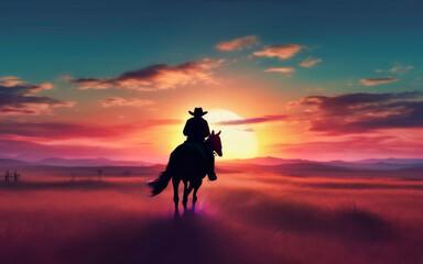 Silhouette of Cowboy Riding Horse at Vibrant Sunset