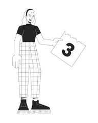 Caucasian woman with ripped out page calendar black and white 2D line cartoon character. European girl holding day 3 page isolated vector outline person. Period monochromatic flat spot illustration