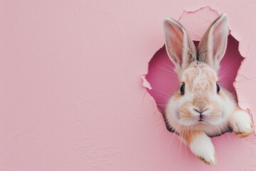 Adorable brown rabbit poking head through a torn pink paper background, great for Easter or pet themes