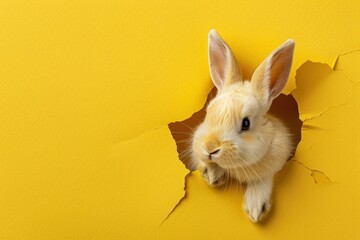 An adorable white bunny peeks curiously through a torn yellow paper background, symbolizing surprise and innocence - obrazy, fototapety, plakaty