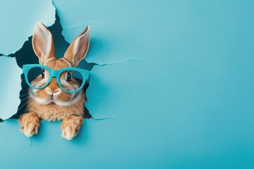 A cute bunny wearing stylish blue glasses is peeking through a torn blue paper, giving a cheeky yet adorable look - obrazy, fototapety, plakaty