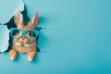 Selbstklebende Fototapeten A cute bunny wearing stylish blue glasses is peeking through a torn blue paper, giving a cheeky yet adorable look © Fxquadro
