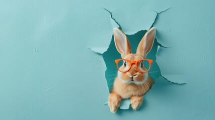 A curious brown rabbit with orange glasses looks through a torn blue background, evoking playfulness and surprise