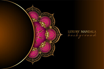 luxury ornamental mandala design background in gold color. Indian Round gold floral decoration on pink color, Islamic flower design with copy space, vector illustration on dark brown banner template