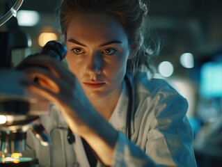 Female scientist in laboratory working with microscope