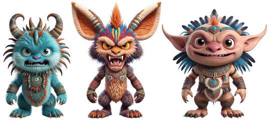 Naklejka premium Three adorable monsters with big ears, furry bodies and sharp teeth, who are ready to take on the world with their smiles and claws, isolated on transparent background