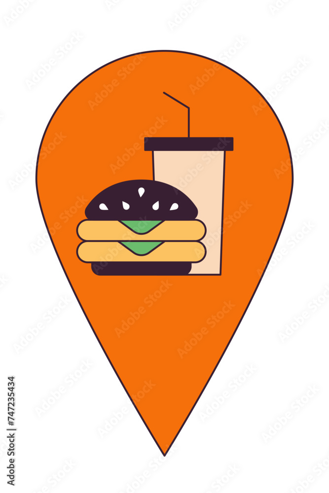 Poster fast food restaurant map pinpoint 2d linear cartoon object. fastfood building location mark isolated