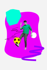 Collage 3d image of pinup pop retro sketch of funny man playing football kick soccer ball weird freak bizarre unusual fantasy billboard