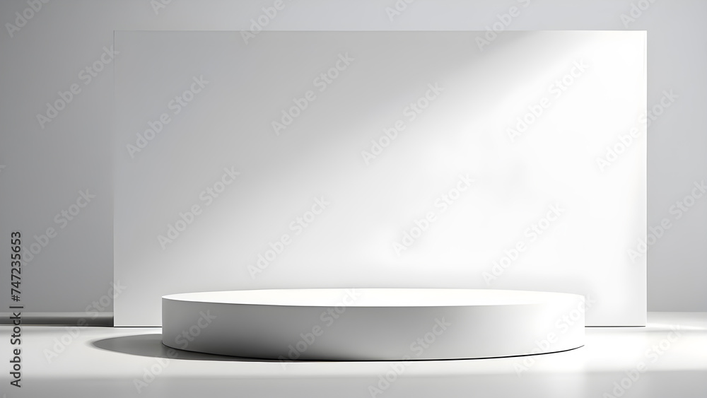 Aufkleber podium-standing-solitary-against-a-pristine-white-backdrop-minimalist-design-sharp-shadows-cast-on-