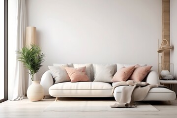 Fototapeta na wymiar Modern living room interior with white sofa and plants. 3d render