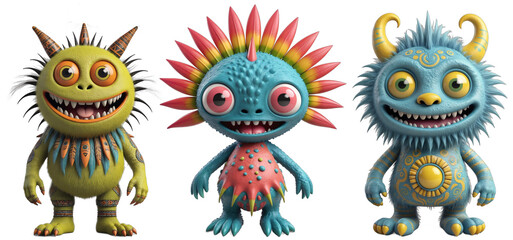 Colorful funny smiling small monsters with big eyes, sharp fangs and colored feathers, isolated on transparent background