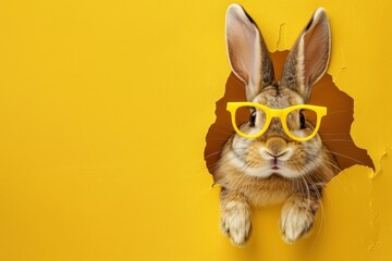 A lively tan rabbit wearing yellow glasses pops out of a torn yellow paper wall, full of character - obrazy, fototapety, plakaty