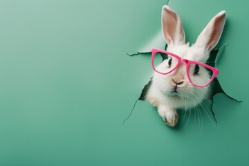 A charming white rabbit with pink glasses poking out of a green torn paper, showing curiosity and...
