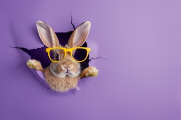 A delightful brownish rabbit with yellow sunglasses on bursts through a purple paper background, unique capture - 747236068
