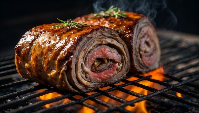 A succulent rolled beef roasting over an open flame, exuding mouth-watering smokiness and sizzle