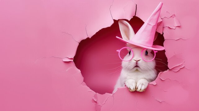 Stylish rabbit with a pink party hat and glasses poking out of a torn pink paper, embodying fun and celebration