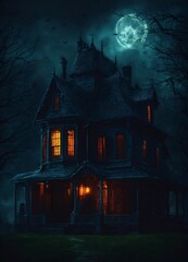 halloween background sinister house in dark night