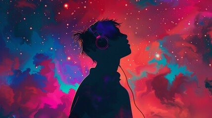 Silhouette of a person with headphones against a vibrant cosmic background, evoking feelings of music and escapism.