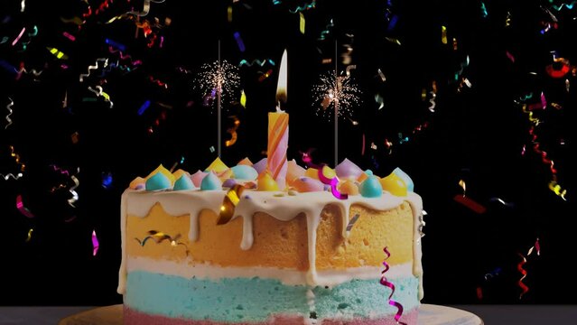 A delicious birthday cake and a animated burning candles and fireworks on it. Colorful metallic confettis falling on the black isolated background