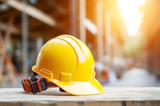 National safety month at work, Labour day with safety yellow hat with blur store inventory background