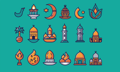 ramadan vector flat color icon bundle set for ramadan kareem event muslim new year