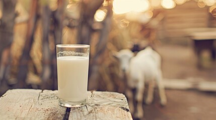 A single glass of fresh milk on a rustic wooden table with a soft-focus farm background.