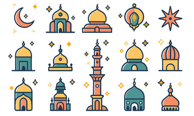 ramadan vector flat color icon bundle set for ramadan kareem event muslim new year