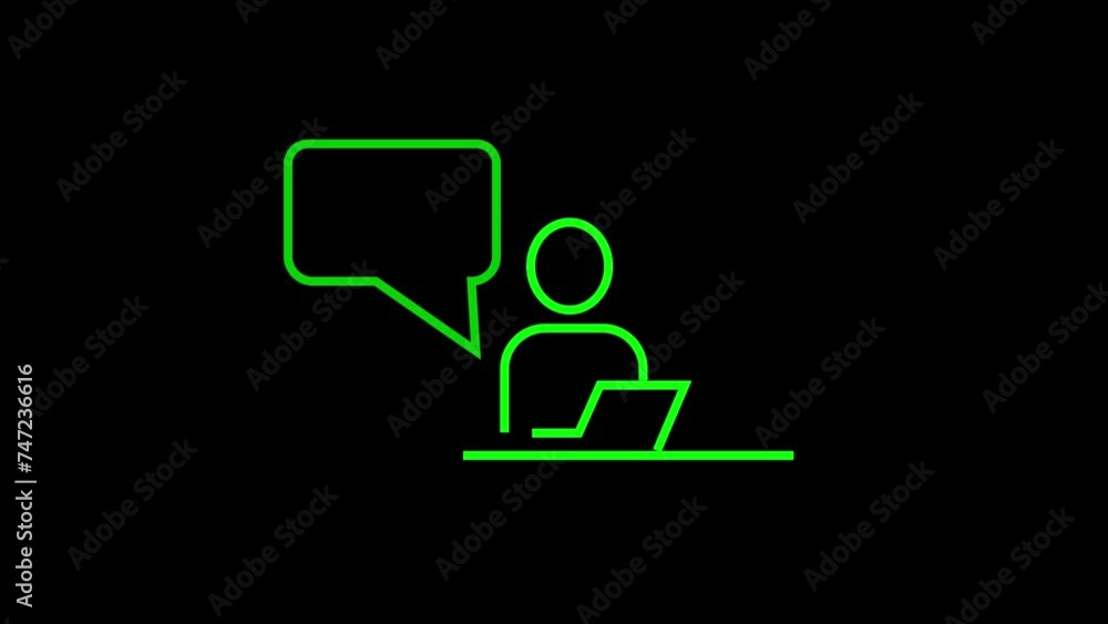 Poster pictogram man with laptop communicates in messenger. looped animation with alpha channel.