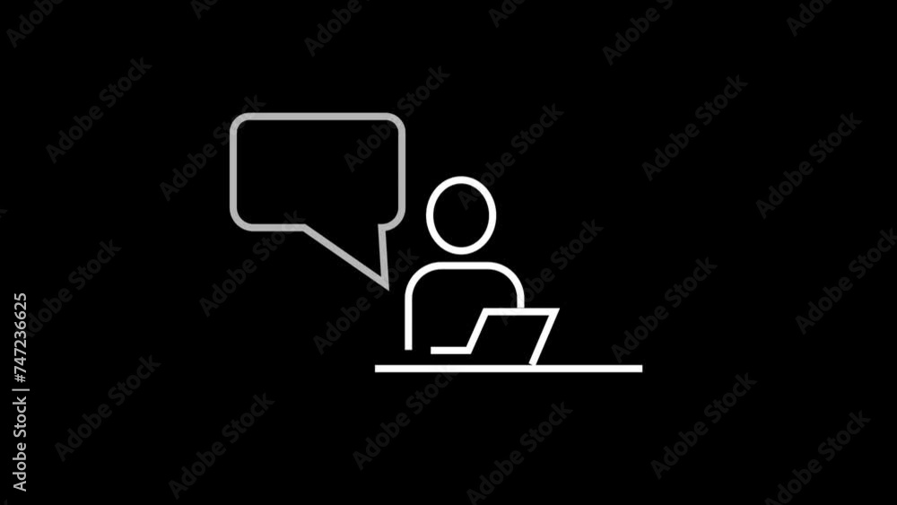 Poster pictogram man with laptop communicates in messenger. looped animation with alpha channel.