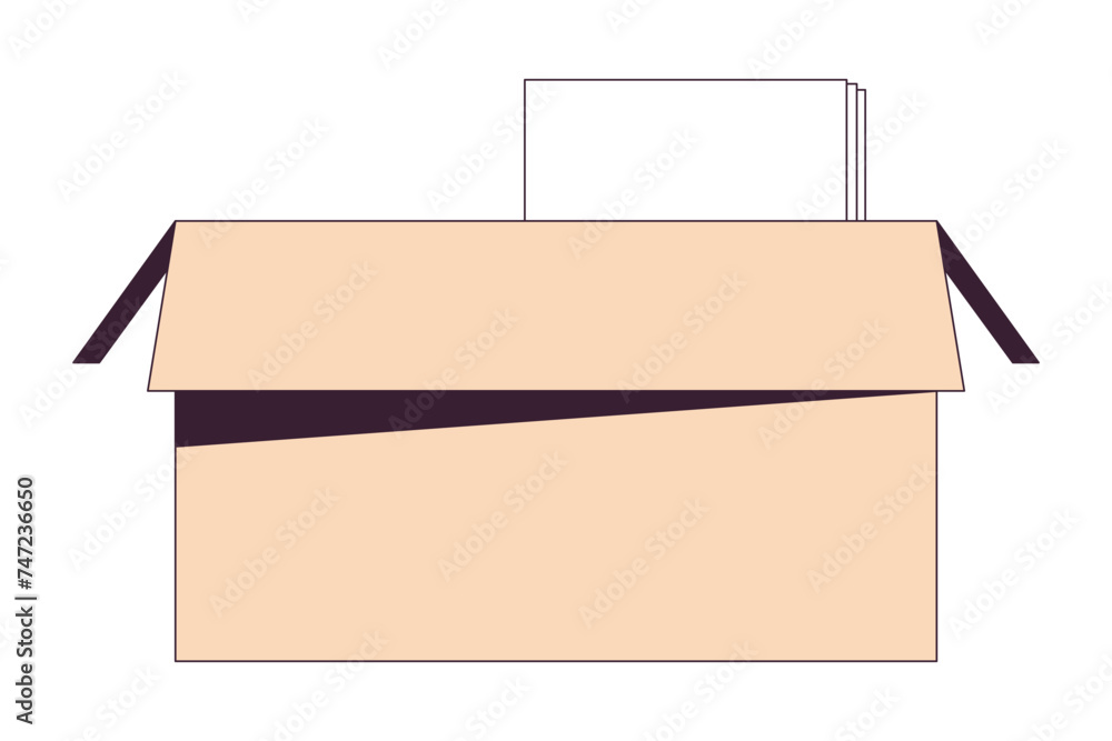 Poster open cardboard box with documents 2d linear cartoon object. packing parcel with paperwork isolated l