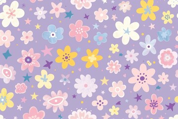 花と星のパステル調の春のシームレスパターン