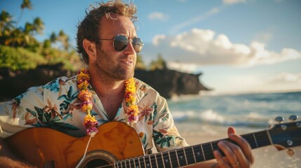 Fototapeta premium A man in sunglasses plays guitar on a sunny beach, expressing leisure and musical passion in a tropical setting.
