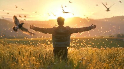 A man spreads his arms in a field at sunset, surrounded by flying birds, symbolizing freedom and connection with nature.