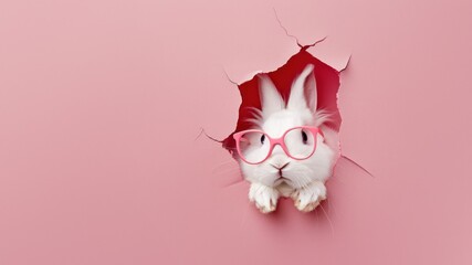 Delightful white rabbit wearing pink glasses peers out of a pink torn paper, evoking charm and...
