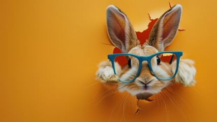 A charming bunny sports blue glasses while seeming to break through an orange wall, invoking feelings of breaking barriers