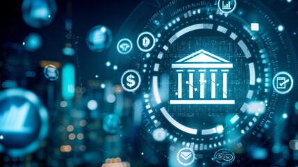 Obraz premium Interactive holographic icons of big shining banking instruments floating in the air