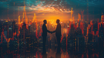 Double exposure of financial graph on cityscape background with two businessman handshake. Concept of stock market deal - obrazy, fototapety, plakaty
