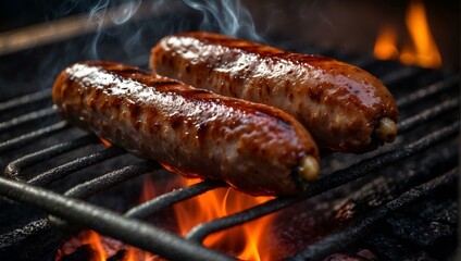 Two plump sausages sizzle over an open flame on a grill, with smoke rising to suggest a barbecue