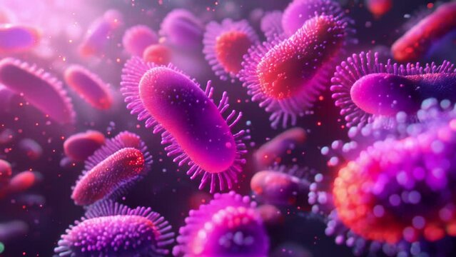 Microscopic view of a bacterium with detailed structure amidst floating viruses, highlighting concepts of microbiology and infection.
