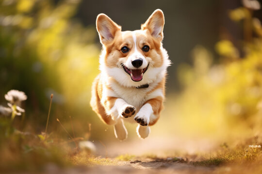 Cute Welsh Corgi dog running on the field