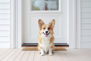 Cute Welsh Corgi dog sitting and waiting in front of the door